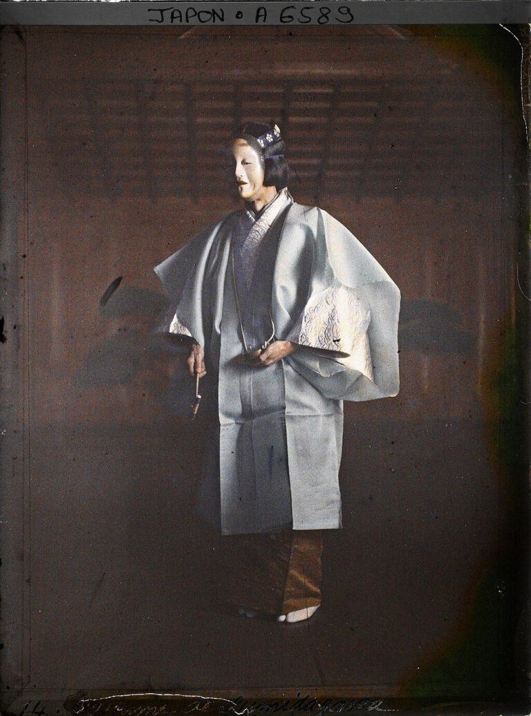 Kyoto, Japan Noh Theater: shite (main actor) of the play Sumidagawa, on the stage of the Bukkô ji temple
