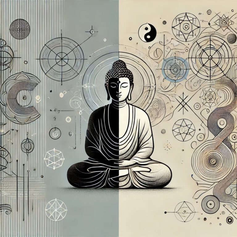 Graphic Representing The Contrast Between Buddhism And Esotericism. On One Side There Is A Calm Minimalistic Depiction Of A Meditative Buddha