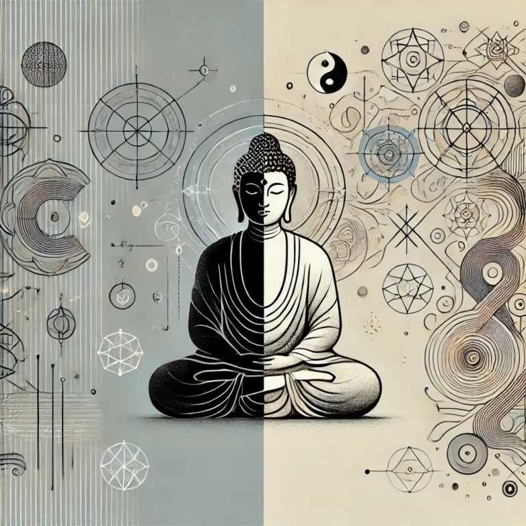 DALL·E 2024 10 14 22.57.33 A graphic representing the contrast between Buddhism and esotericism. On one side there is a calm minimalistic depiction of a meditative Buddha