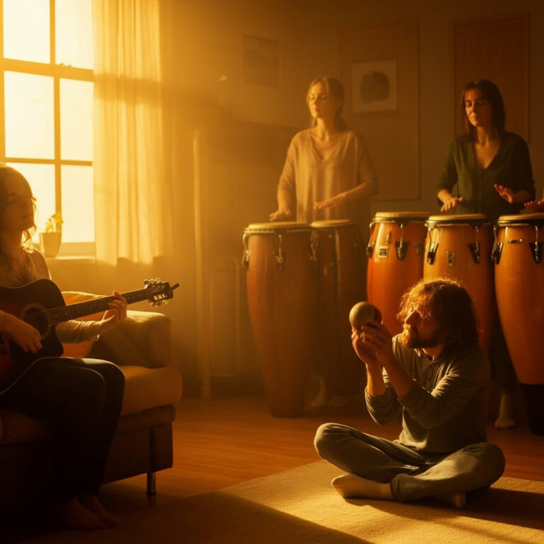 Music therapy in a music therapy room a guitar playing woman 2 women playing bongos and 1 man playing a shaker