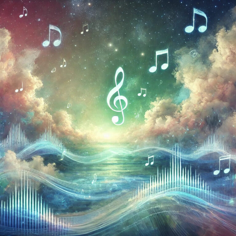 DALL·E 2024 11 25 08.27.55 A serene and artistic visualization of Ambient music's impact on mental health a dreamy soundscape featuring soft, glowing sound waves blending with