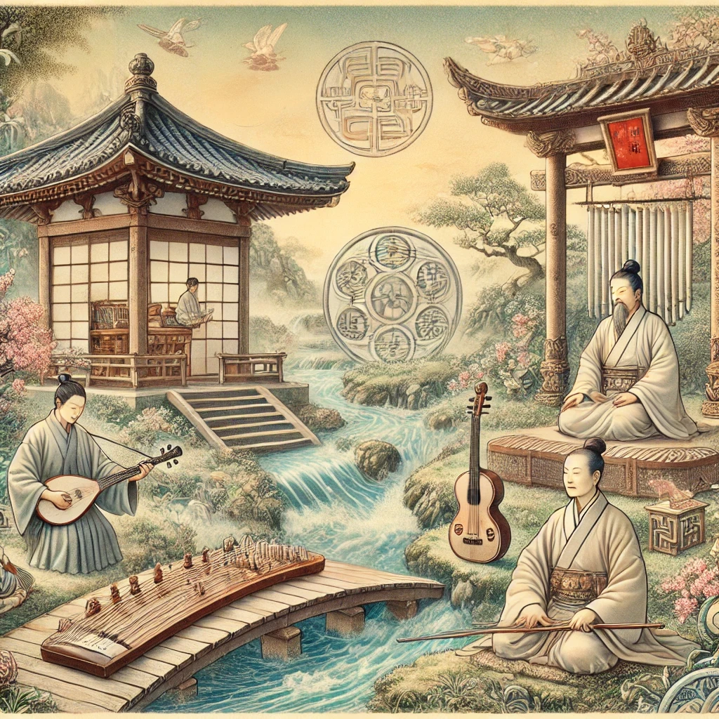 A Detailed Illustration Representing The Cultural And Spiritual Reinterpretation Of Chinese Musical Traditions In Japan. The Scene Includes Elements S