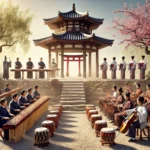 An image showing a realistic cultural exchange of musical traditions between China and Japan. On one side, Chinese musicians play traditional instruments like guzheng and sheng, while on the other side, Japanese musicians perform with koto and shō. The setting transitions seamlessly between a Chinese pagoda and a Japanese torii gate, surrounded by natural elements like bamboo forests and cherry blossoms, illustrating harmony and interaction in a tranquil outdoor environment. The image excludes any text or additional symbols, focusing on the authentic portrayal of cultural and musical exchange.