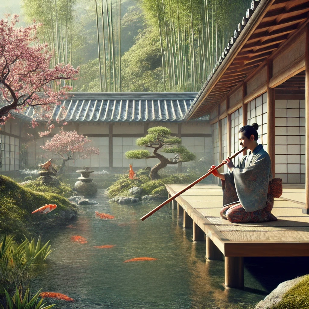 An artistic depiction of a traditional Japanese musician playing the shakuhachi flute in a serene Zen garden. The musician is seated near a koi pond surrounded by bamboo and blooming cherry blossoms, emphasizing a tranquil atmosphere. The image highlights the meditative essence of Japanese music, reflecting the nuanced and delicate concept of microtonality, with a strong focus on natural harmony and cultural authenticity. There are no text or notations in the image, ensuring it remains visually focused on the scene and its elements.