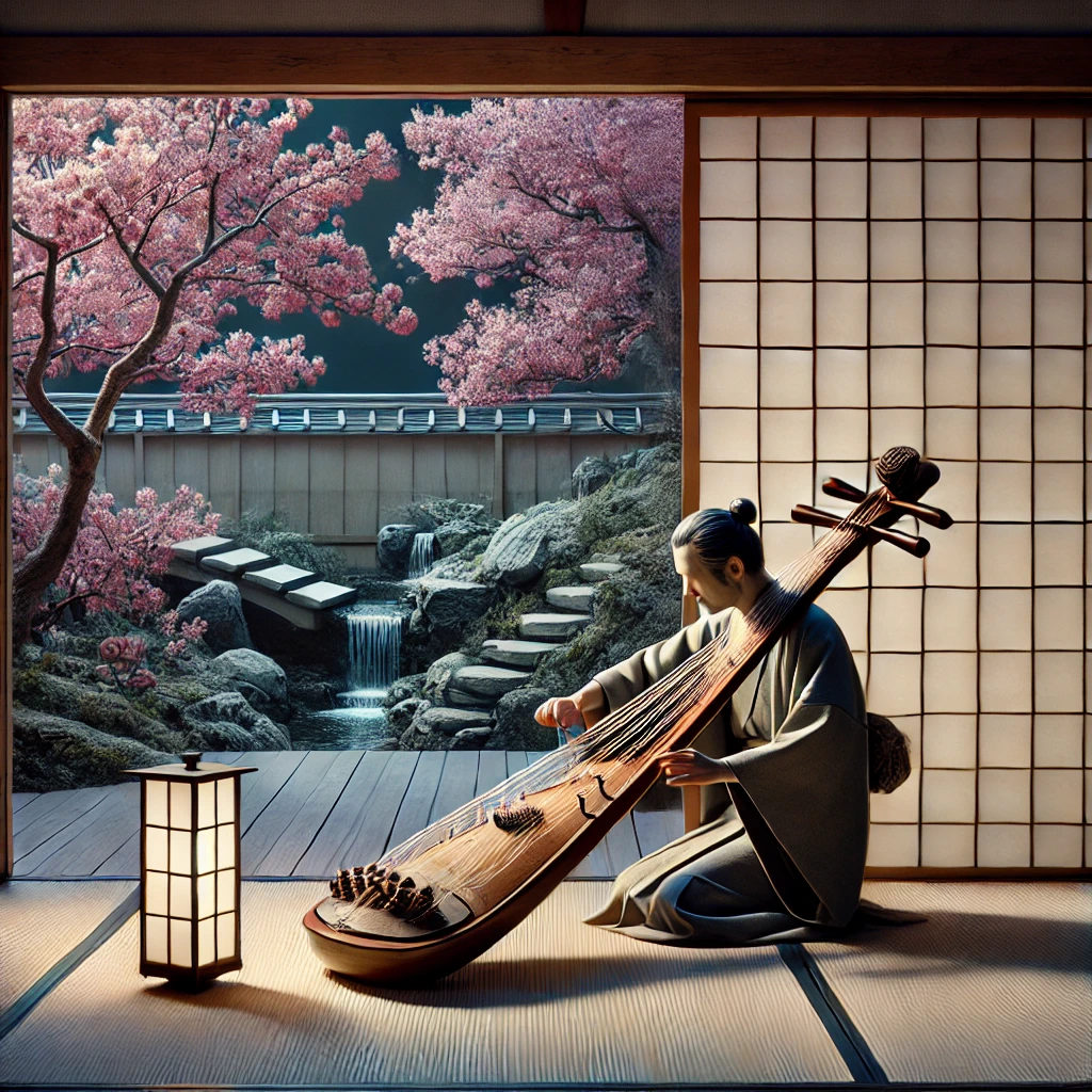 "An artistic depiction of microtonality in Japanese scales, showing a traditional musician seated and playing the koto in a peaceful, traditional Japanese room. The musician adjusts the strings delicately, symbolizing the microtonal variations unique to Japanese music. The background features sliding shoji doors partially open to reveal a tranquil Zen garden with blooming cherry blossoms and a gently flowing stream. The scene reflects cultural nuance and harmony, with a focus on natural and musical elements, excluding text or additional symbols."