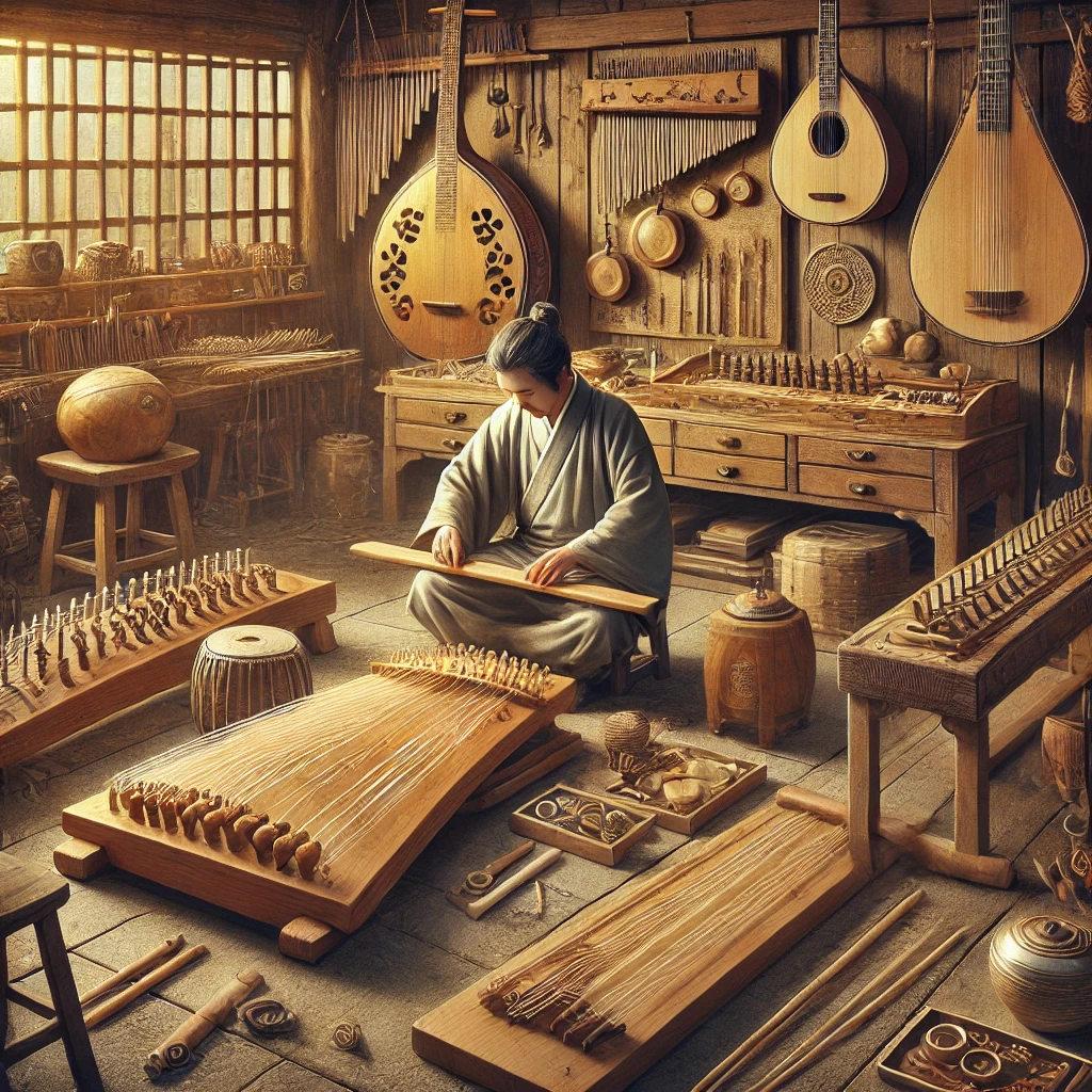 An illustration of an instrument maker working in a traditional workshop, meticulously crafting a koto. The artisan is surrounded by tools, wooden components, and other instrument parts, representing a blend of Chinese and Japanese designs. The shelves in the background display completed instruments, including guzheng and biwa, symbolizing the cultural exchange and evolution of musical traditions. The warm, detailed setting conveys a sense of craftsmanship and dedication, focusing entirely on the artisan's work without text or additional symbols.