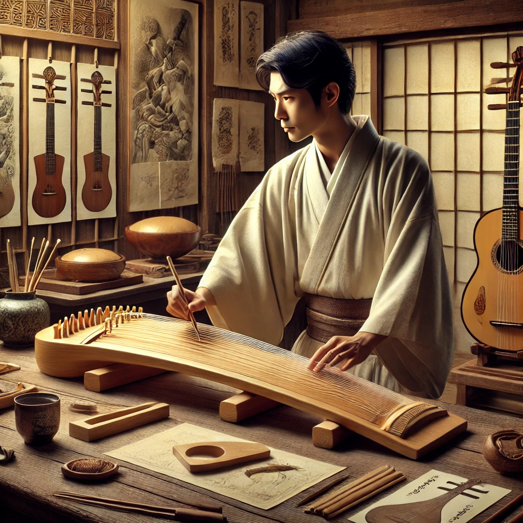 An illustration of a traditional Japanese designer from the historical period, carefully working on a smooth and elegant koto design in a serene workshop. The designer is seated at a wooden table, surrounded by tools, sketches, and partially completed instruments, focusing intently on crafting the musical piece. The background includes shelves with completed instruments and materials, evoking a warm and tranquil atmosphere. The image avoids intricate or discomforting patterns, highlighting simplicity and craftsmanship.