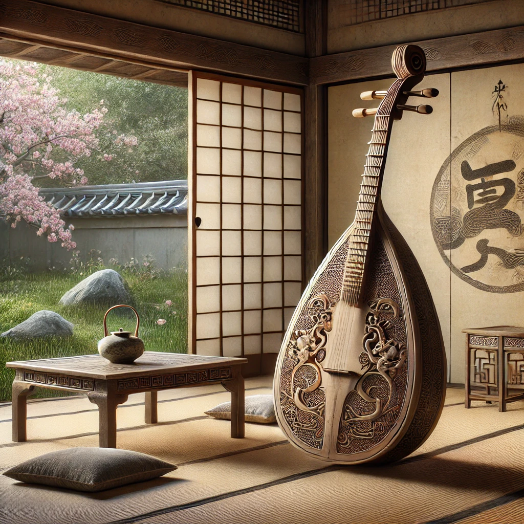 An artistic depiction of a traditional Japanese biwa, a pear-shaped lute, resting on a wooden platform in a serene, dimly lit traditional Japanese room. The biwa is intricately crafted with a smooth wooden finish and ornate details, surrounded by cultural elements such as tatami mats and a calligraphy scroll in the background, emphasizing its historical and cultural significance.