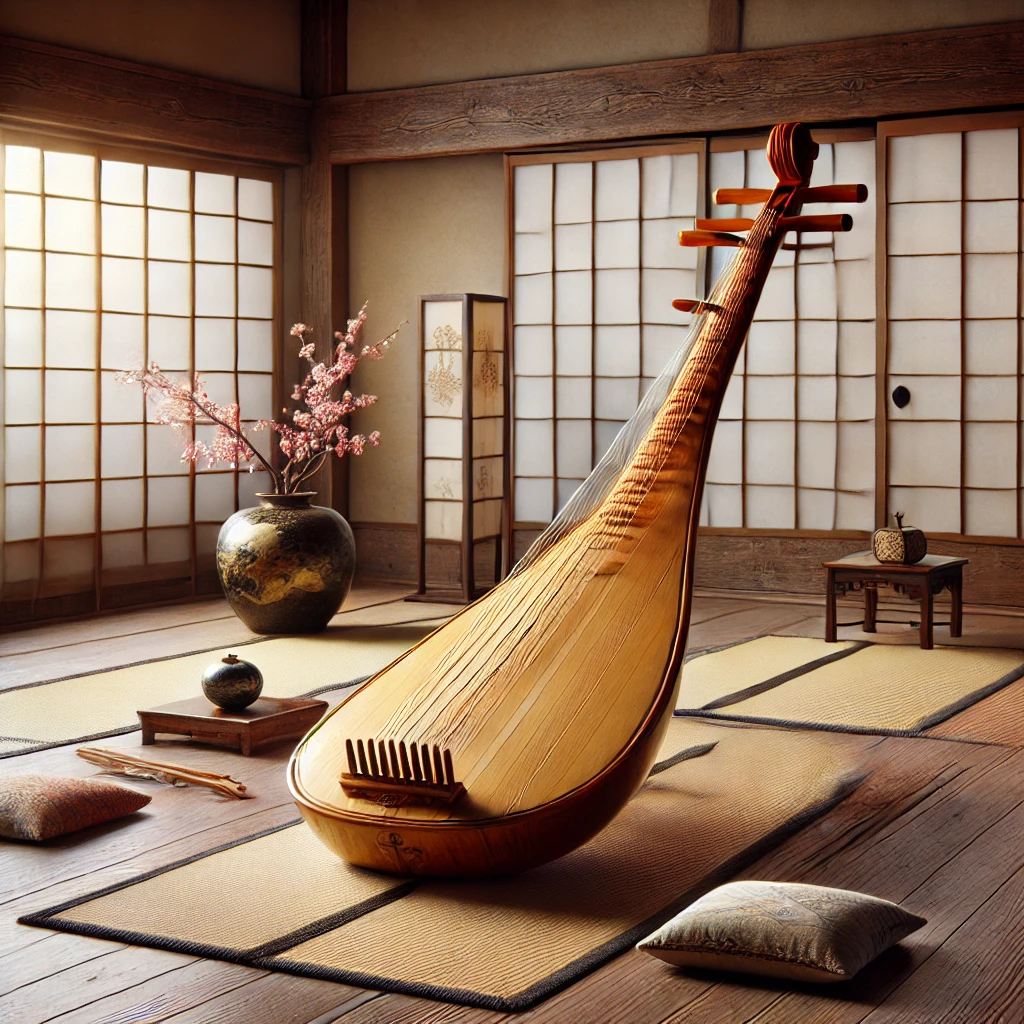 An accurate depiction of a traditional Japanese koto, a long and rectangular stringed musical instrument, resting on a wooden floor. The koto features 13 movable bridges and is shown with realistic proportions to its traditional size, highlighting its elegant and intricate design.