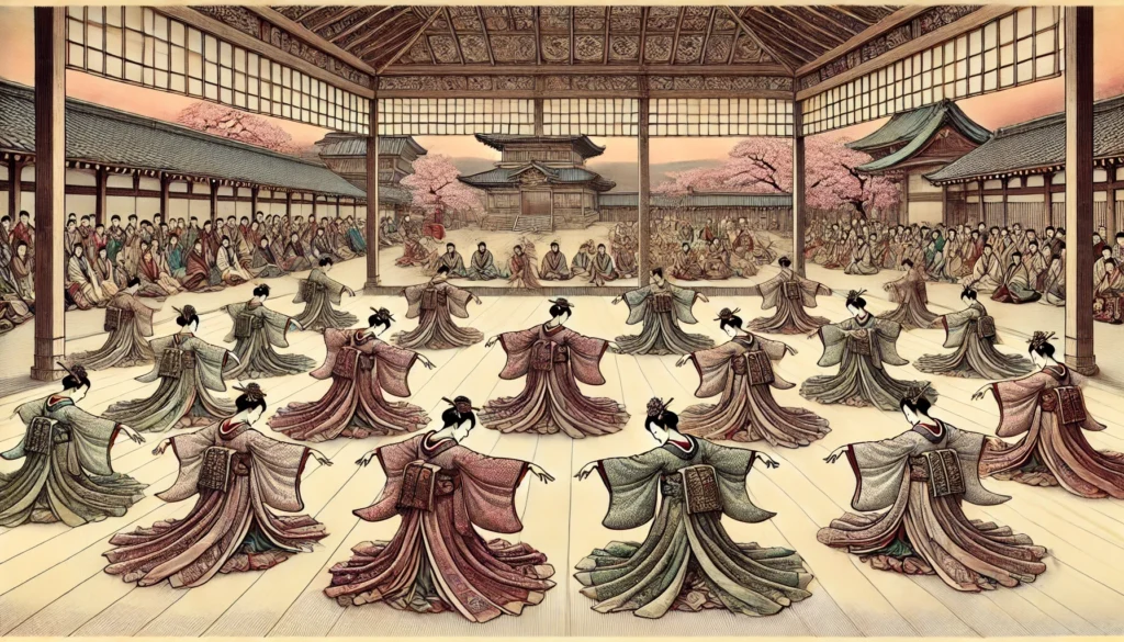 An artistic depiction of a traditional Bugaku dance from historical Japan. The illustration features dancers in elaborate traditional costumes with flowing sleeves, performing slow, deliberate movements in a symmetrical formation. The setting is an open courtyard of a Japanese palace, with a backdrop of cherry blossom trees and an audience of Heian-period courtiers in formal attire. The scene emphasizes balance, control, and meditative stillness, capturing the grace and serenity of the performance.