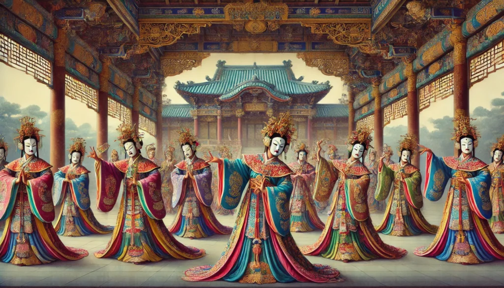 An artistic depiction of traditional costumes and masks integral to Tang and Japanese court dances. The image features a serene dance performance with dancers in brightly colored silk robes adorned with intricate embroidery and traditional motifs. They wear expressive masks portraying mythical figures and spiritual beings, holding symbolic hand gestures. The backdrop includes a grand imperial courtyard with ornate architecture, evoking a ceremonial and multisensory atmosphere.