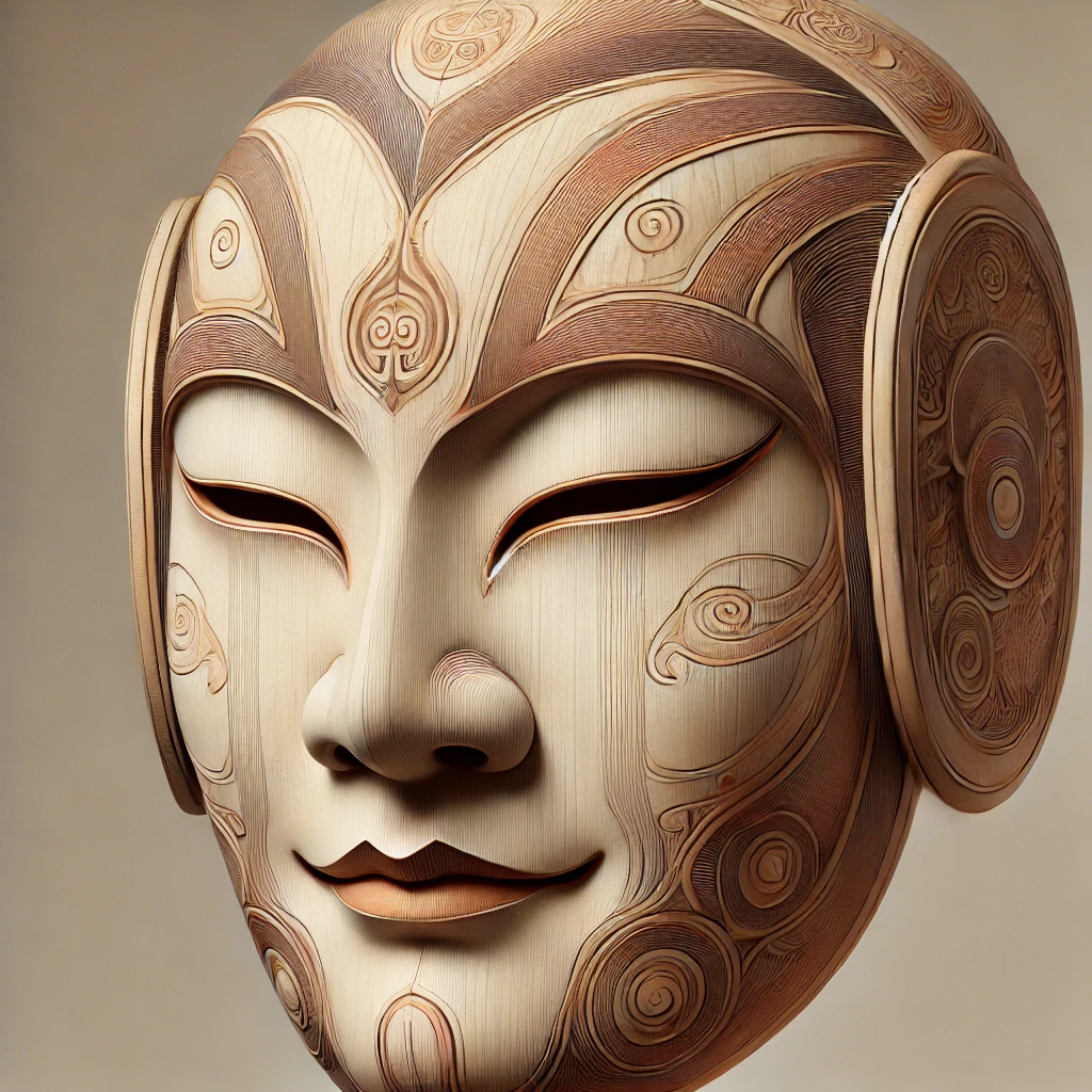 An artistic depiction of a traditional Bugaku mask used in Japanese court dances. The mask features intricate craftsmanship with serene and slightly exaggerated facial features, emphasizing its theatrical role. It showcases soft earthy tones with delicate engraved patterns and textures, reflecting the refined aesthetic of Japanese cultural traditions. The mask is positioned against a neutral background to highlight its design details and historical authenticity, providing a clear visual focus for understanding its significance in Bugaku performances.