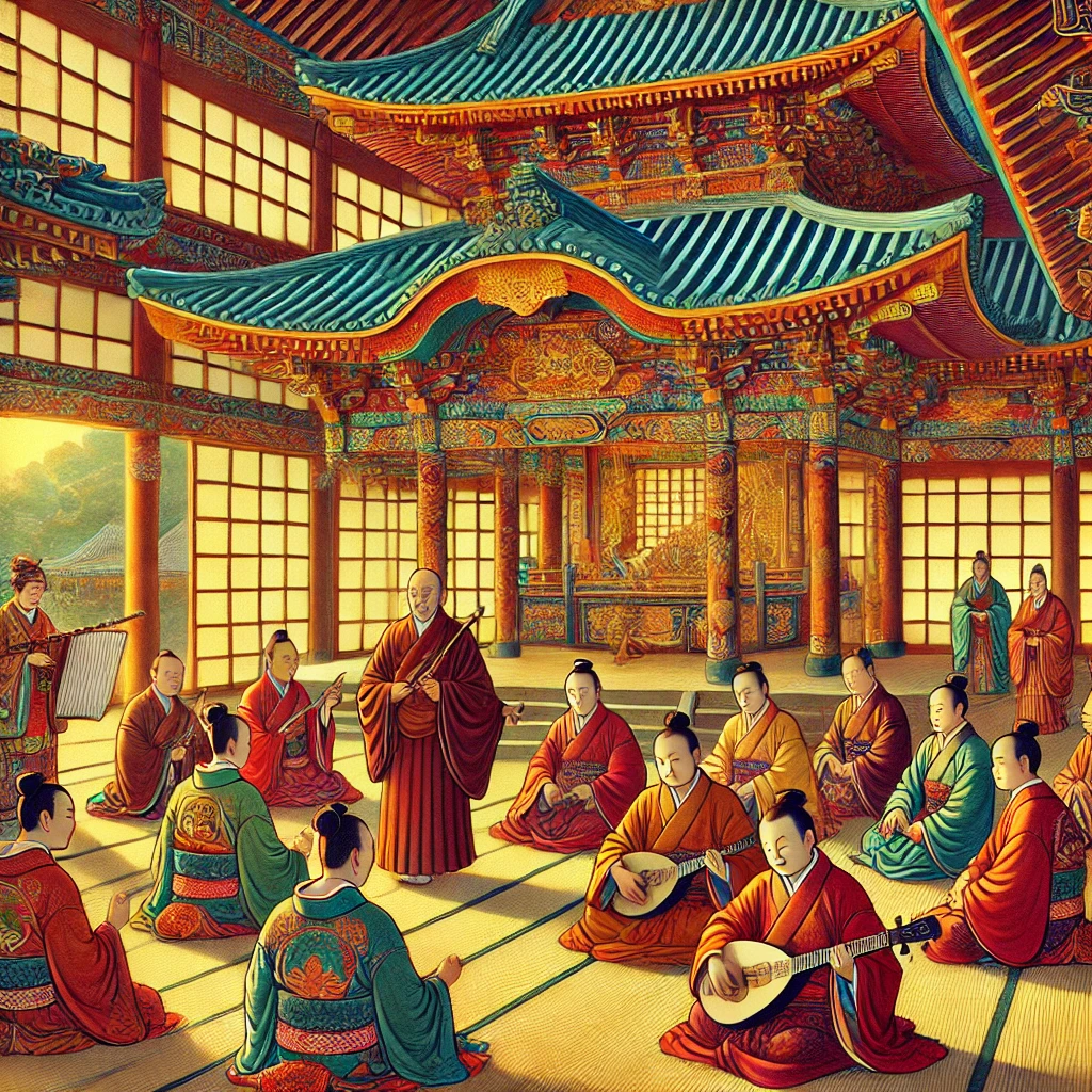 Dall·e 2025 01 02 23.59.02 A Vibrant And Colorful Illustration Capturing The Introduction Of Buddhism To Japan During The Asuka Period (538–710). The Scene Includes Japanese Mon