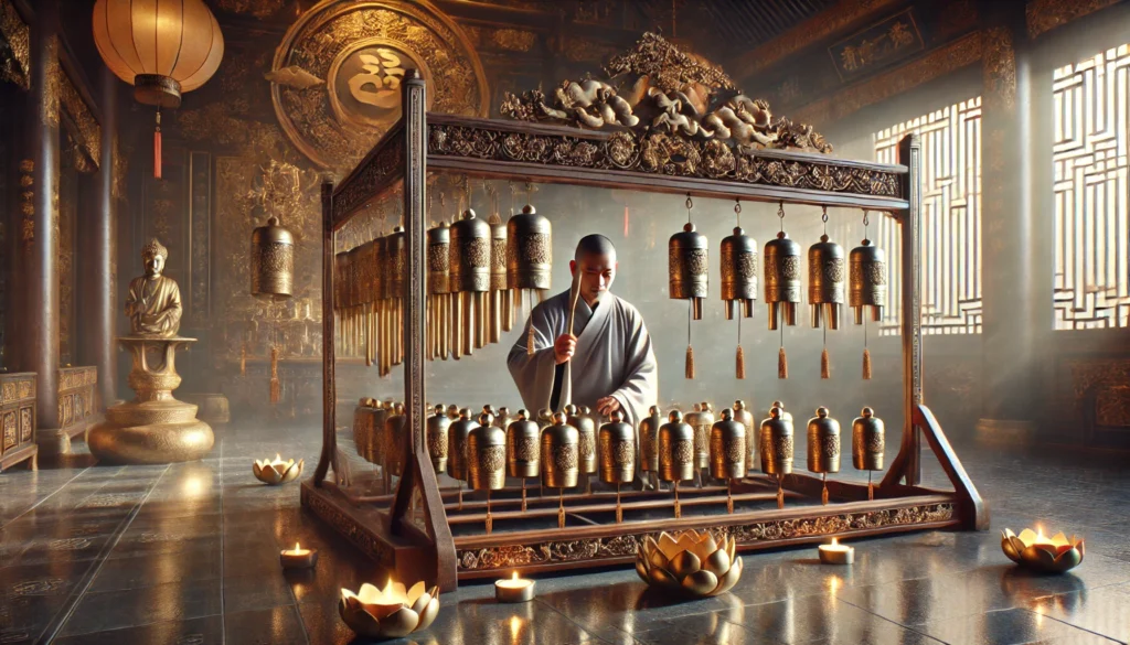 Dall·e 2025 01 05 17.33.35 A Digital Rendering Of The Qing, A Set Of Bronze Chimes, Carefully Arranged In An Ornate Ceremonial Setup. Each Chime Is Crafted In A Lustrous Bronze