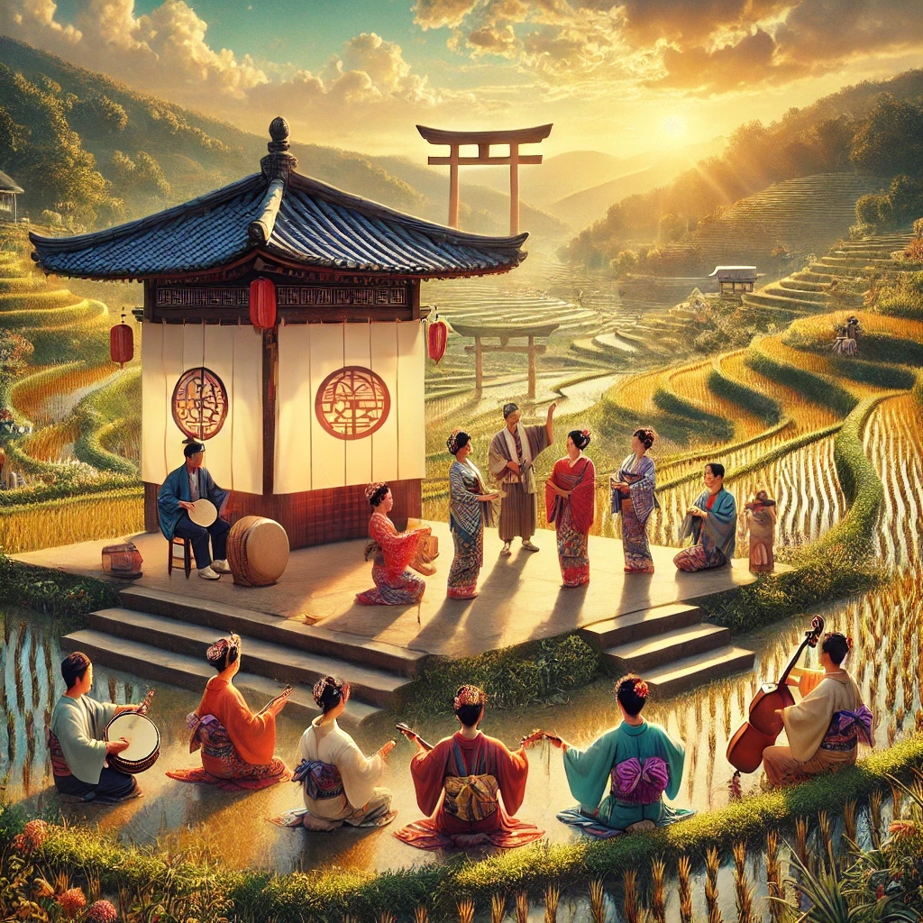 A vibrant scene depicting a traditional Japanese folk music performance in a rural setting. Musicians dressed in colorful, traditional Japanese attire play shamisen (a three-stringed instrument) and taiko drums, while dancers in festive costumes perform gracefully. The background features lush green terraced rice fields and a modest Shinto shrine, reflecting the connection to agricultural and spiritual traditions. Warm sunlight bathes the scene, casting soft shadows and creating a harmonious, celebratory atmosphere. The composition blends elements of Japanese and Chinese musical traditions, showcasing cultural exchange through the absence of scriptural or textual content, focusing purely on visual storytelling.