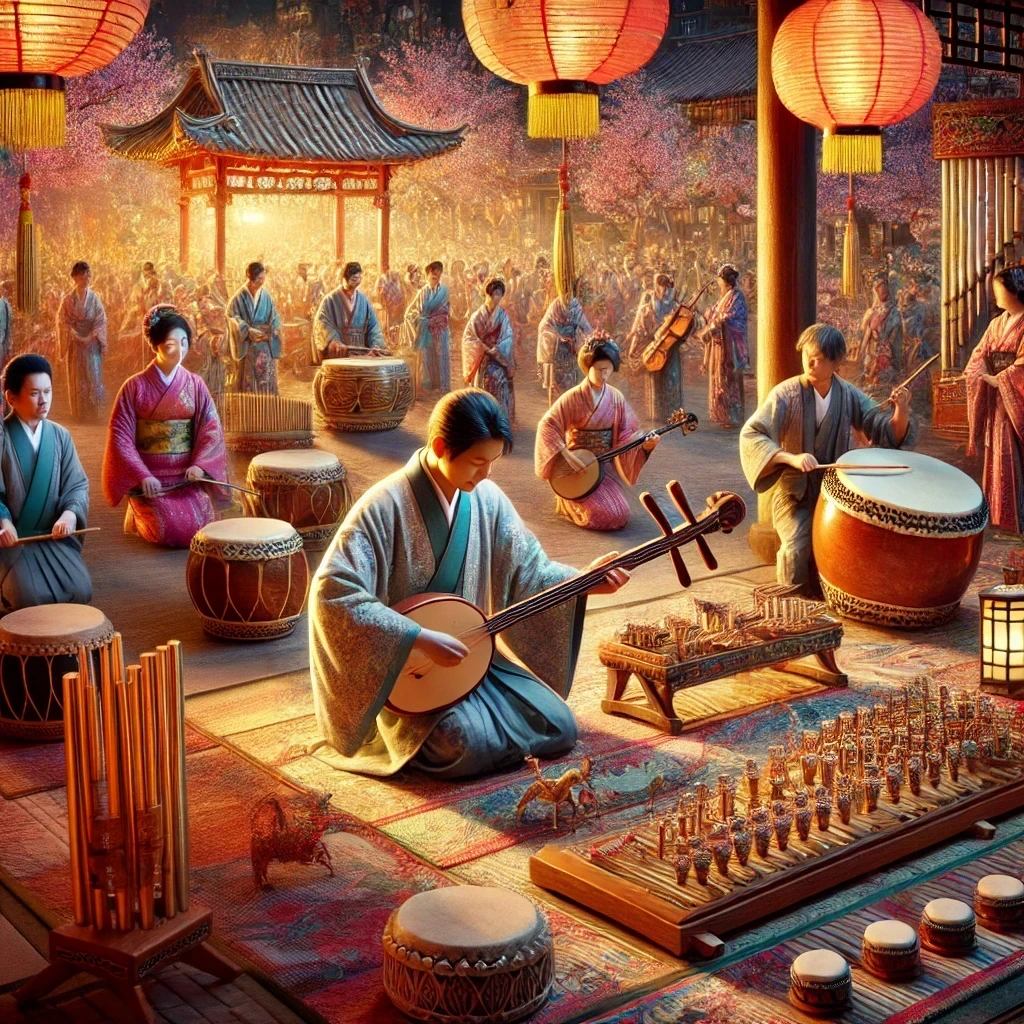 **Alt Text:**  
A vibrant outdoor festival scene showcasing traditional Japanese folk music with Chinese influences. At the center, a musician plays a shamisen, a three-stringed lute with a resonator covered in cat or dog skin, while seated in traditional Japanese attire. Nearby, another musician stands, playing a bamboo fue flute. Both instruments are highlighted with intricate details and craftsmanship. A taiko drumming ensemble performs energetically in the background, surrounded by dancers in colorful festival costumes. The setting features cherry blossom trees and hanging lanterns, creating a warm and festive atmosphere under bright sunlight. There are no visible textual elements or scriptures, focusing solely on the cultural storytelling through music and visuals.