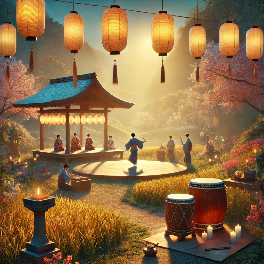 A peaceful outdoor scene depicting a traditional Japanese Bon Odori festival. At the center, a single dancer in a colorful kimono performs gracefully in a circular motion under a soft, glowing canopy of lanterns. In the foreground, a musician wearing traditional attire plays a shamisen near a minimalist taiko drum. The setting is surrounded by seasonal elements, including blooming cherry blossoms and golden rice fields, symbolizing nature's cycles. A simplified ancestral altar with incense and offerings adds a spiritual touch to the scene. The warm lighting creates a serene and reverent atmosphere, focusing on cultural storytelling through movement and symbolism.