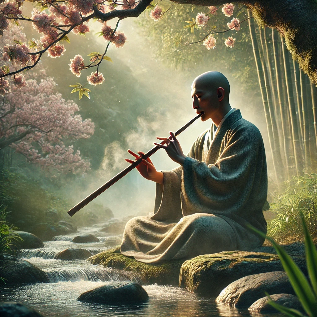 A serene outdoor scene showing a Zen monk playing a shakuhachi flute. The monk, dressed in simple traditional robes, sits under a blossoming cherry tree by a gently flowing stream. He holds the shakuhachi vertically, and his focused posture conveys calmness and introspection. Smooth stones and bamboo shoots surround the area, symbolizing balance and harmony. Warm sunlight filters through the tree branches, softly illuminating the tranquil setting. The image reflects themes of mindfulness, nature, and simplicity, with no unnecessary elements to maintain a peaceful and contemplative atmosphere.