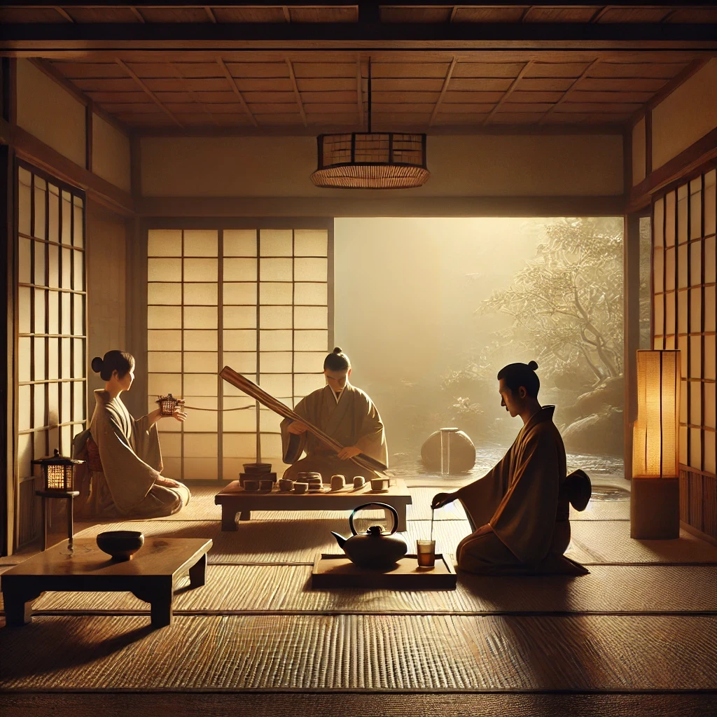 A serene indoor scene showcasing a Zen-inspired tea ceremony. A tea master in traditional Japanese attire gracefully pours tea on a tatami mat floor, while a koto and shakuhachi musician perform nearby. The room is minimalist, with soft light filtering through a shoji screen and a plain tokonoma alcove in the background. Outside, the faint silhouette of a bamboo grove adds a natural touch. The warm, dim lighting creates a calm and contemplative atmosphere, emphasizing simplicity and harmony.