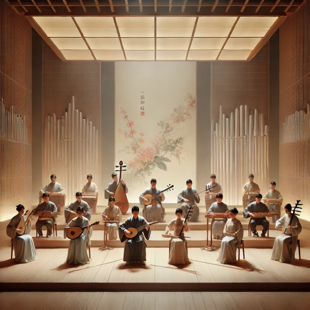 A serene concert scene showcasing a small ensemble of Chinese and Japanese musicians performing together. The musicians are seated on a minimalist wooden stage, playing traditional instruments: the Japanese koto and biwa alongside the Chinese guzheng and pipa. They wear simple, elegant attire that reflects their cultural heritage. The stage is softly illuminated with warm lighting, creating a calm and harmonious atmosphere. The background features a neutral, unobtrusive design with soft colors, emphasizing the performers and their instruments. The overall composition highlights the blending of musical traditions and the shared heritage of the instruments.