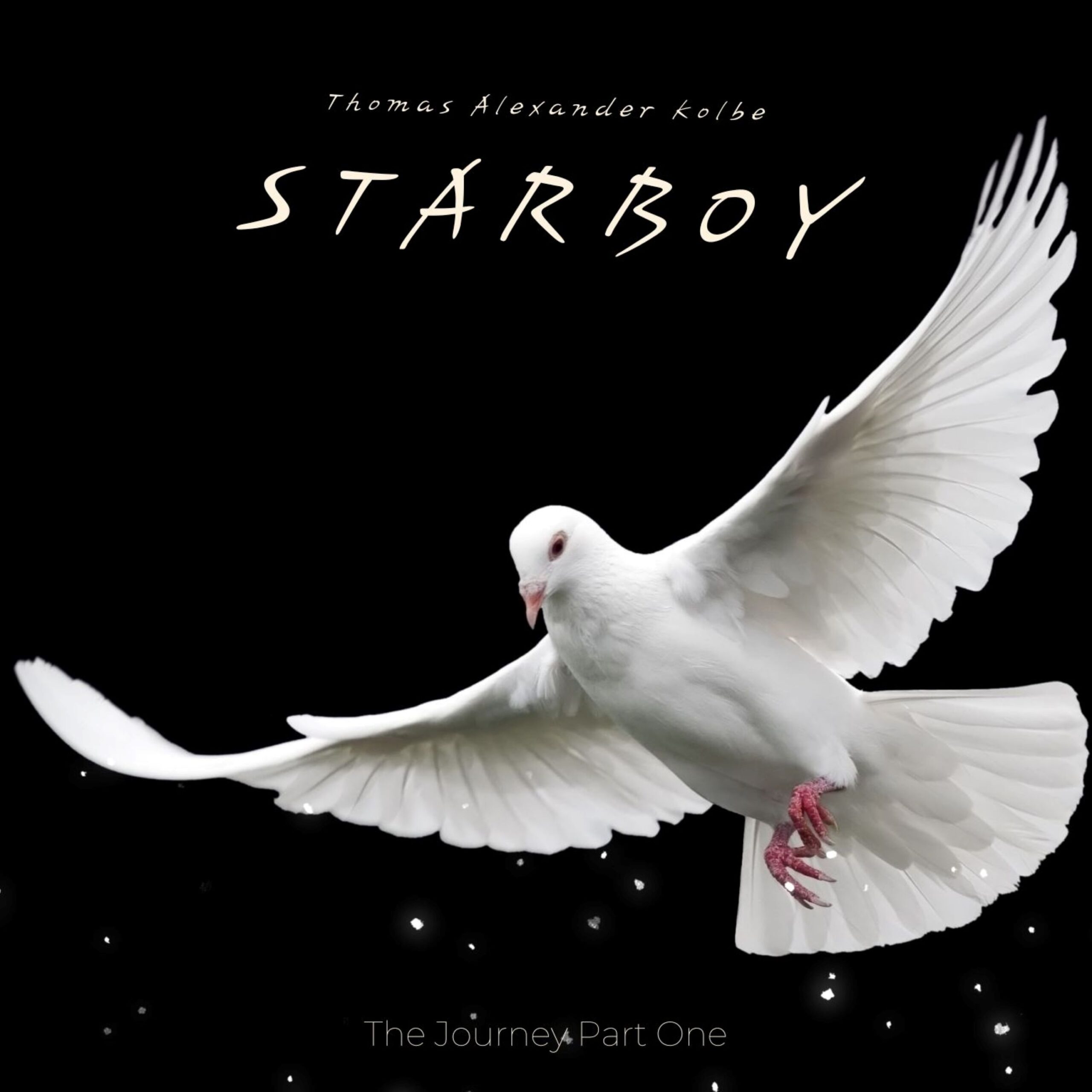 Album cover for Starboy (The Journey Part One) by Thomas Alexander Kolbe. A white dove with fully spread wings soars against a black background. Small glowing white specks float in the darkness. The artist's name appears in a delicate, handwritten-style font at the top, while "STARBOY" is written in a bold, artistic script in the center. At the bottom, the subtitle "The Journey Part One" is subtly placed in a minimalist font.