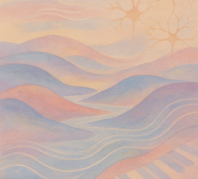 "A gouache painting in soft pastel tones shows a tranquil, dreamlike studio scene. A figure, seen from the side, sits calmly at a keyboard surrounded by abstract shapes and gently glowing equipment. The background blends into diffused waves of color—lavender, muted blue, pale peach—suggesting a quiet, introspective mood. Subtle brush textures evoke a handmade, meditative atmosphere."