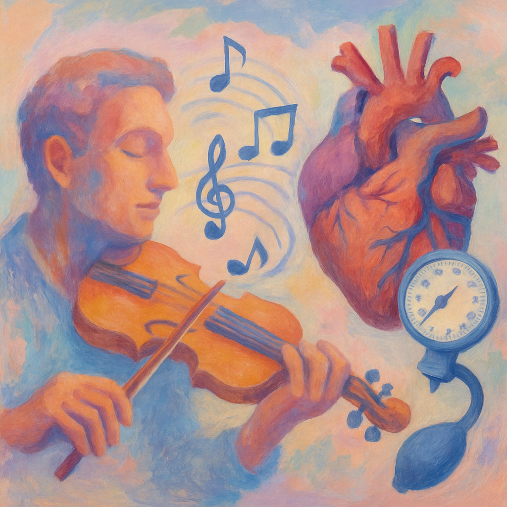 Ein pastellfarbenes Gemälde, das einen Mann zeigt, der Violine spielt, umgeben von musikalischen Noten und einem abstrahierten Herz, das die Verbindung von Musik und körperlicher Gesundheit symbolisiert. Im Vordergrund ist ein Blutdruckmessgerät zu sehen, das die Auswirkungen von Musik auf den Blutdruck darstellt.