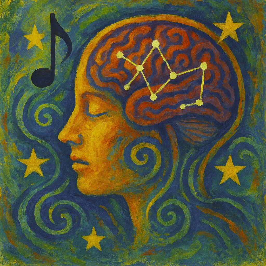 Musikalische GedankenweltAbstract gouache painting in square format. A human head in profile, painted in warm orange and red tones, has its brain exposed in vivid blue, pink, and purple patterns. White dotted lines connect parts of the brain like a neural network. The person’s eyes are closed, suggesting calm or inner focus. Flowing musical notes swirl around the head, intertwining with the brain patterns. A violin is held close to the chin, its orange body blending with the face, symbolizing the connection between music and the mind. The textured background mixes deep blue, teal, and golden hues, adding a dreamlike atmosphere.