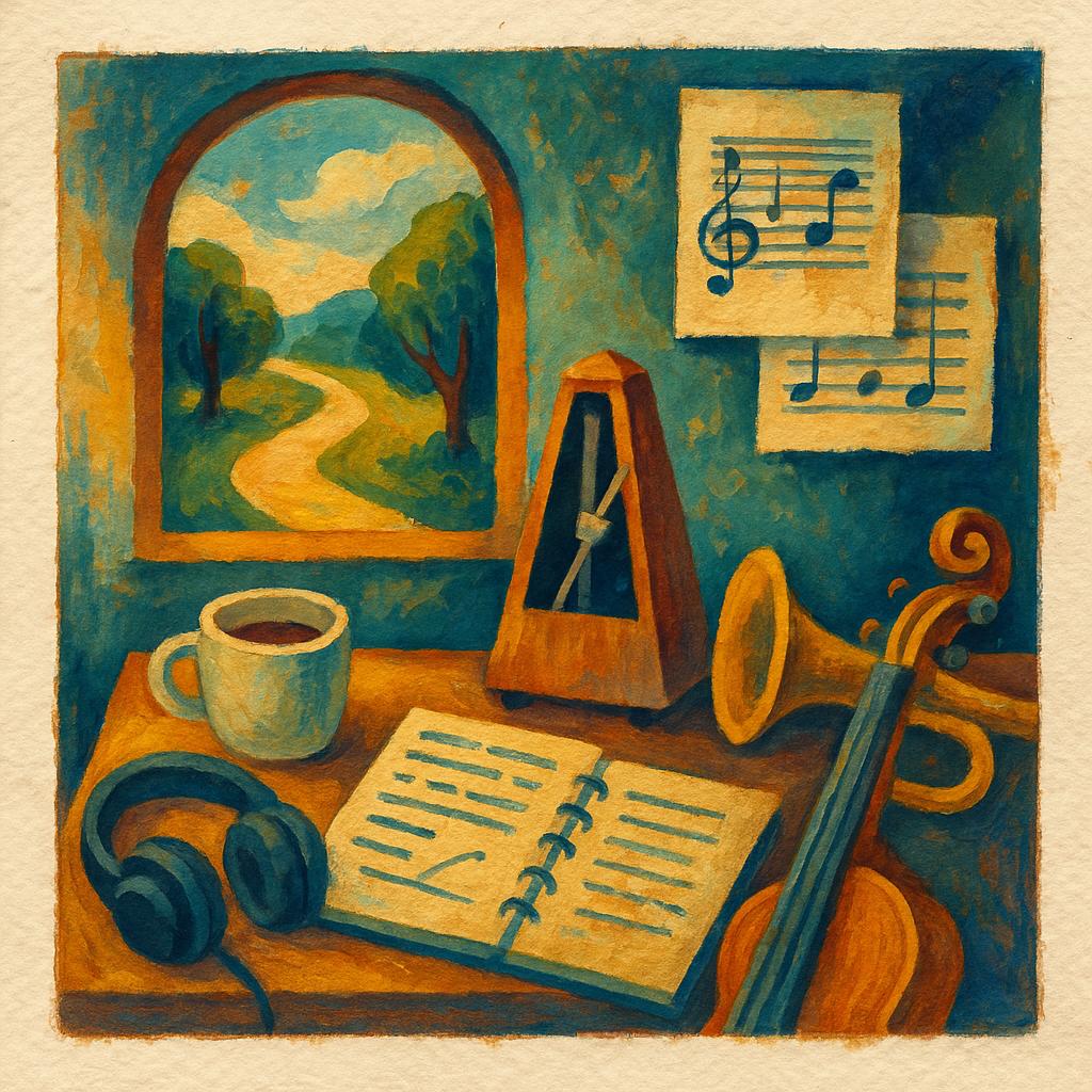 Gouache on textured paper with a soft deckled border: a composer’s desk with open notebook, metronome, headphones, and coffee; an arched window shows a winding path through trees under soft clouds.