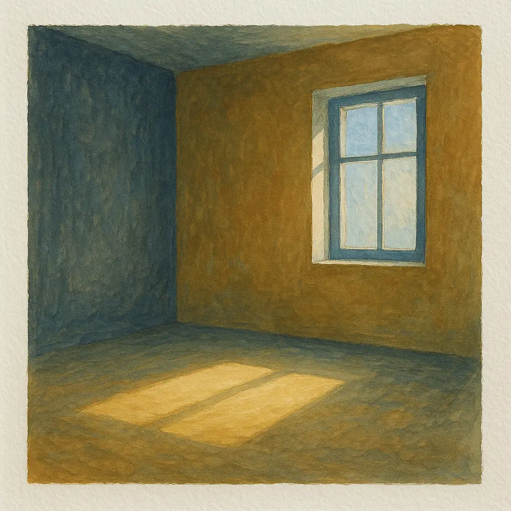 A gouache painting on textured paper shows an empty room filled with soft morning light. Warm ochre and muted blue walls meet at a quiet corner, where light from an open window casts calm shapes across the floor – a scene of stillness, structure, and inner balance.
